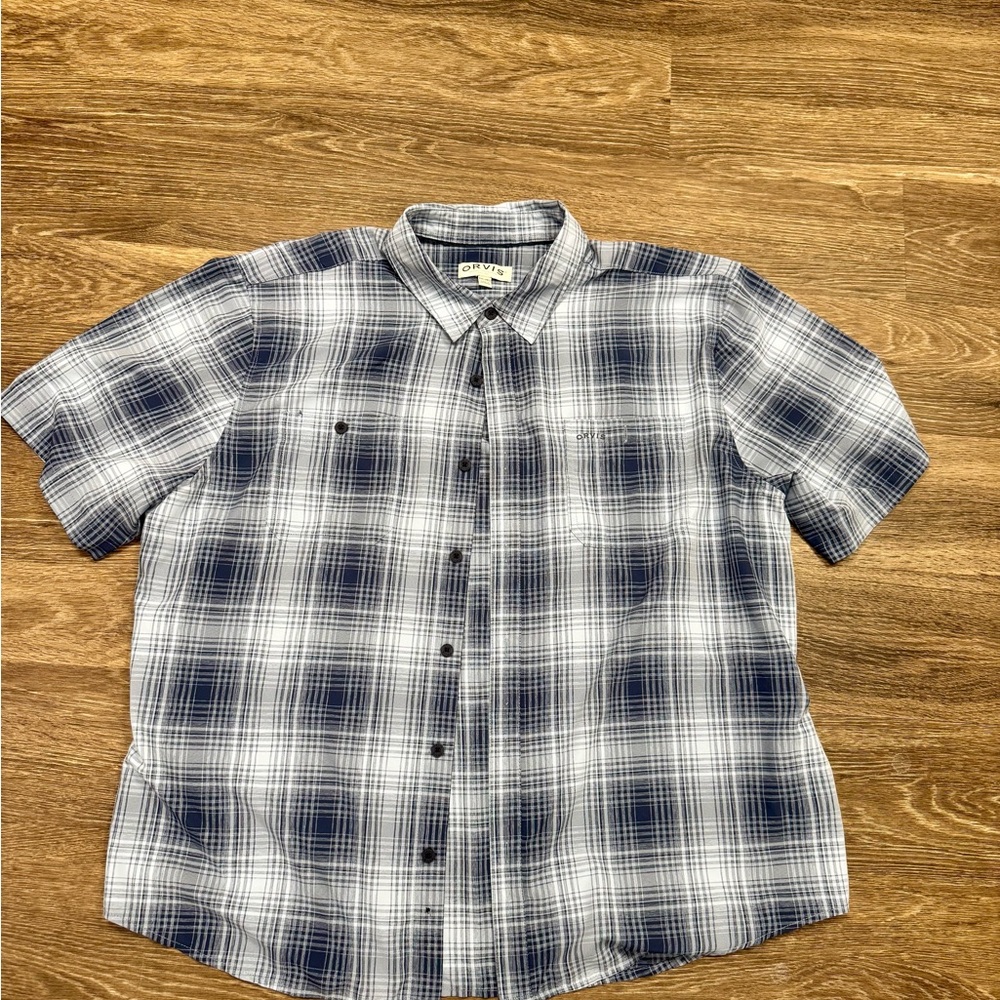 Orvis Plaid Short Sleeve Button Down Shirt XXL Gray Blue Lightweight